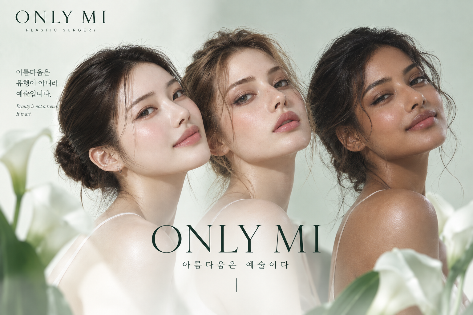 Only Mi — three models among calla lilies